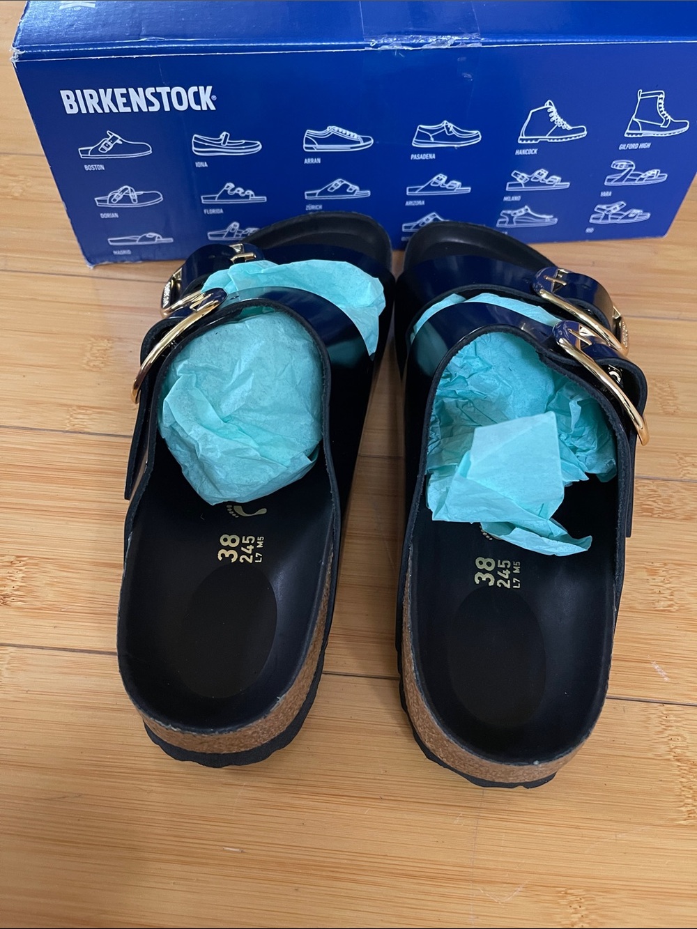 New Birkenstock EVA Patent Black Two-Strap Arizona Large Gold Buckle Sandals 38 - Picture 3 of 6